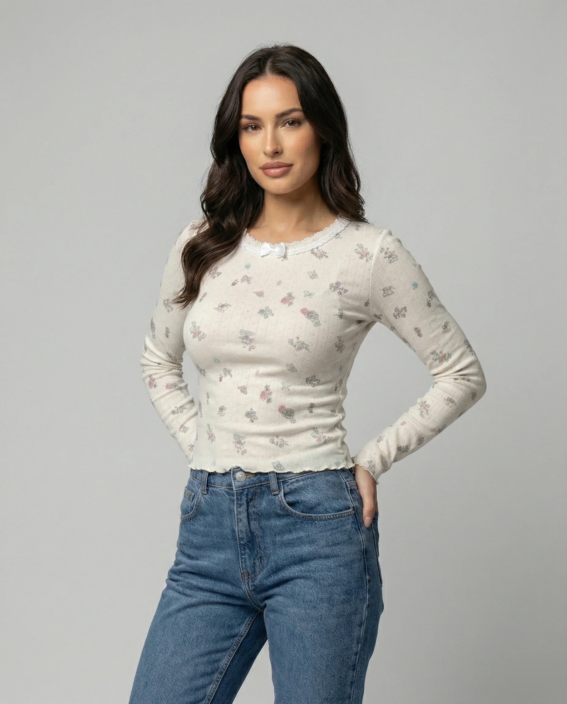 Süßes Langarmshirt mit Rundhalsausschnitt und Print für Damen