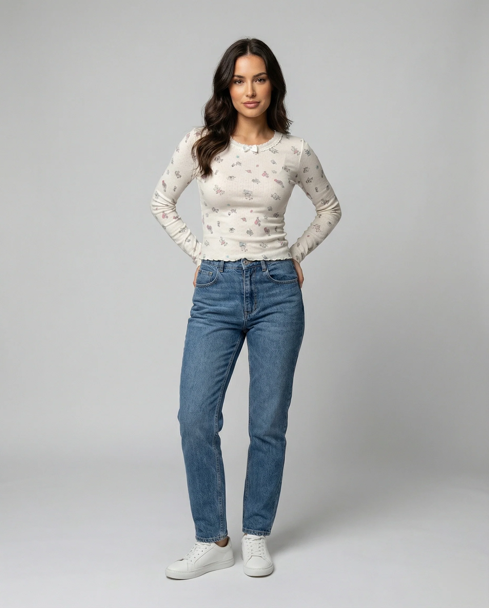 Süßes Langarmshirt mit Rundhalsausschnitt und Print für Damen - Image 3