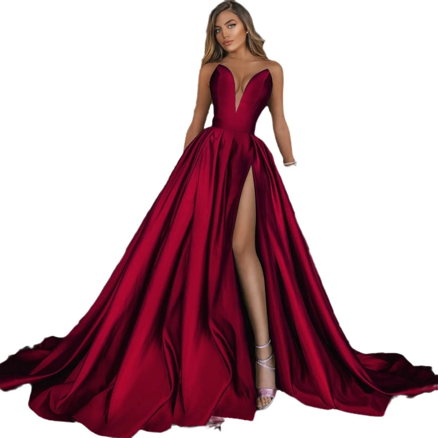 Damen A-Linien Maxikleid mit Tiefem V-Ausschnitt und Elegantem Schlitz Heidi-Mode - Image 2