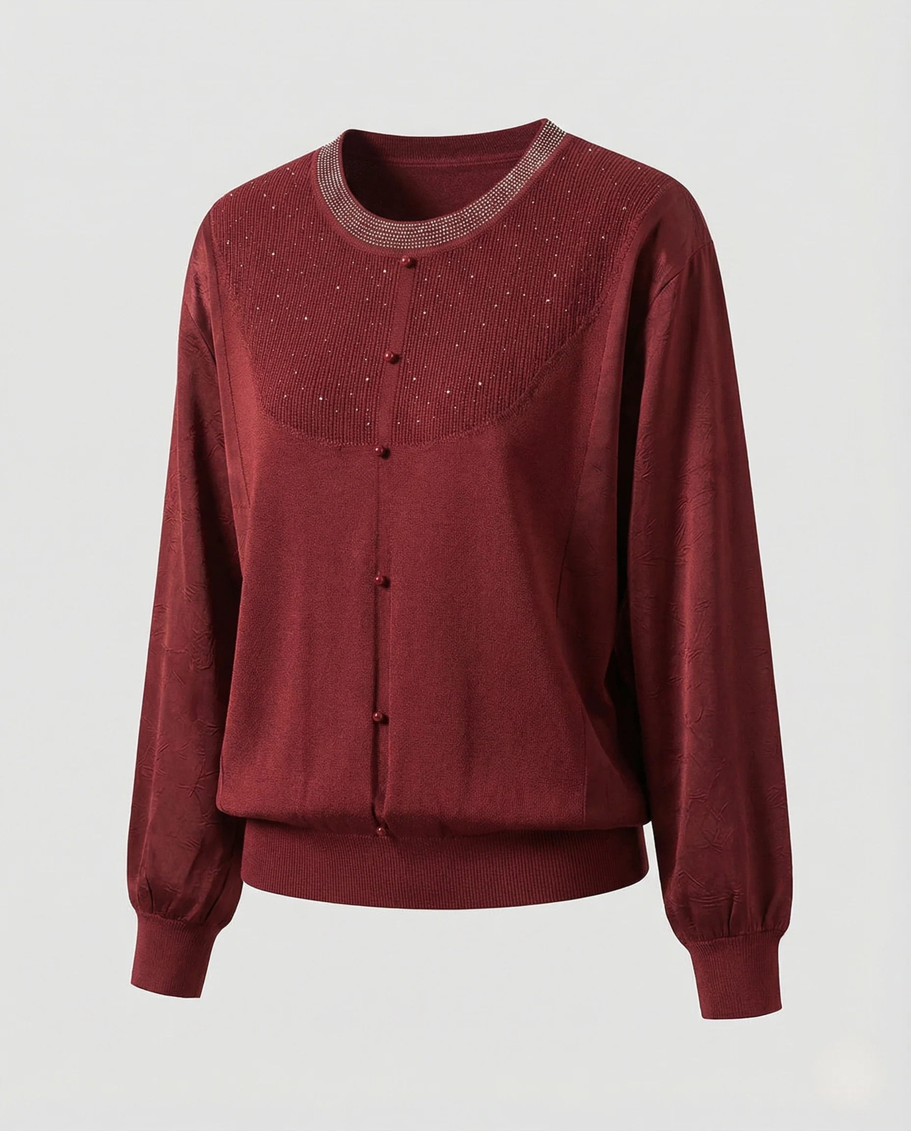 Damen Activewear fein gestrickte Rundhalsbluse mit Satinärmeln und Perlendekor sowie Zierknopfleiste Heidi Mode - Image 5