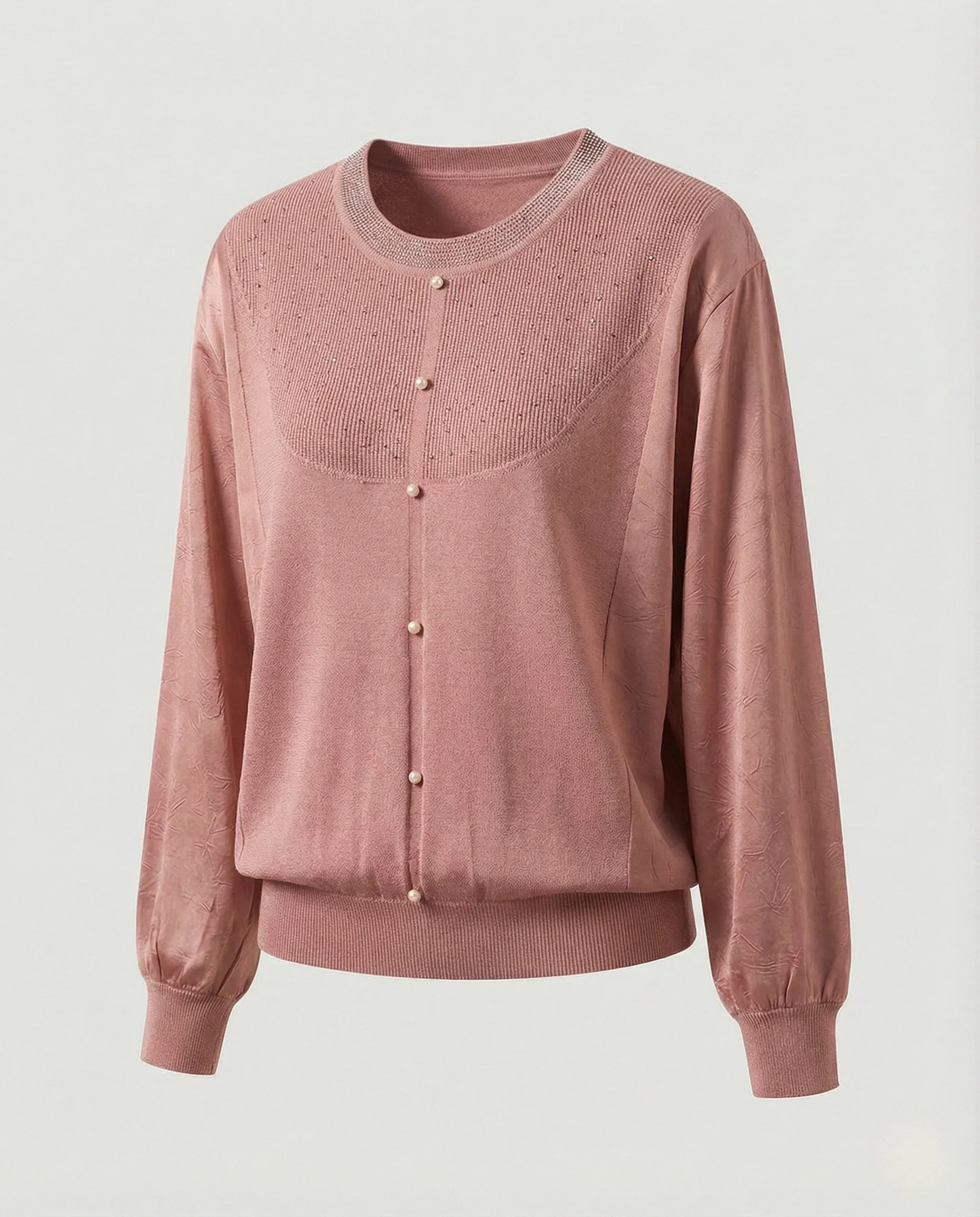 Damen Activewear fein gestrickte Rundhalsbluse mit Satinärmeln und Perlendekor sowie Zierknopfleiste Heidi Mode - Image 7