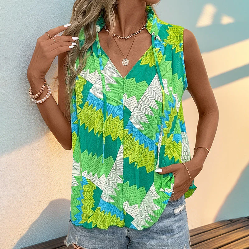 Damen Ärmelloses Blusenshirt mit Modernem Knotendesign und Lebhaftem Muster Heidi-Mode - Image 2