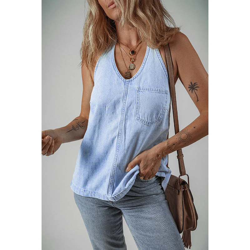 Damen Ärmelloses Denim-Top mit Praktischem Brusttaschen Heidi-Mode - Image 3