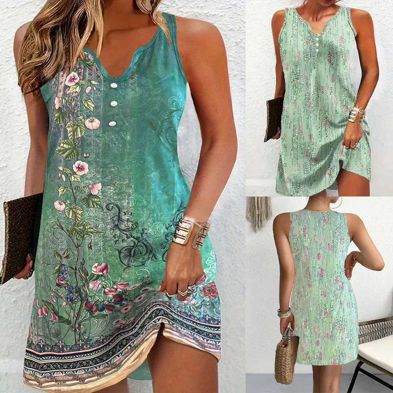 Damen Ärmelloses Sommerkleid mit Floralen Details und Asymmetrischem Saum Heidi-Mode
