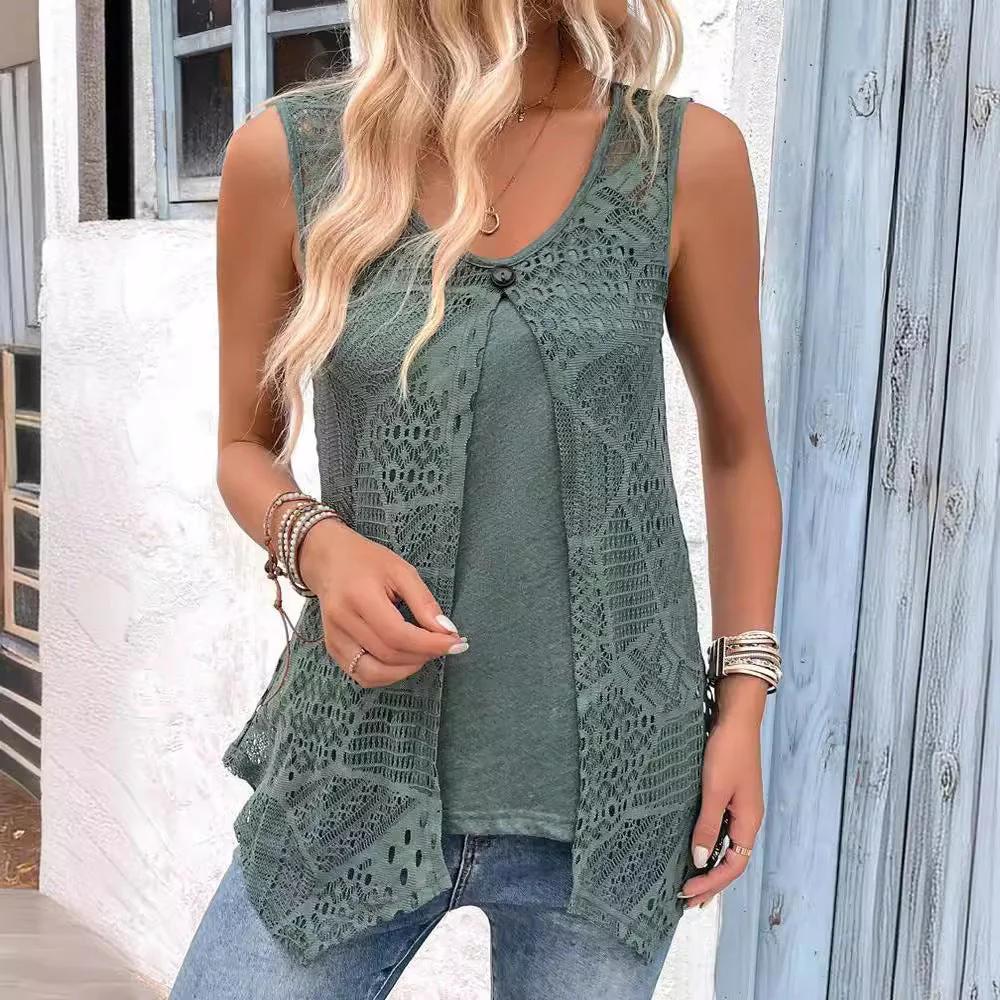 Damen Ärmelloses Spitzen-Tunika-Shirt mit Modischem Knopfverschluss Heidi-Mode - Image 2