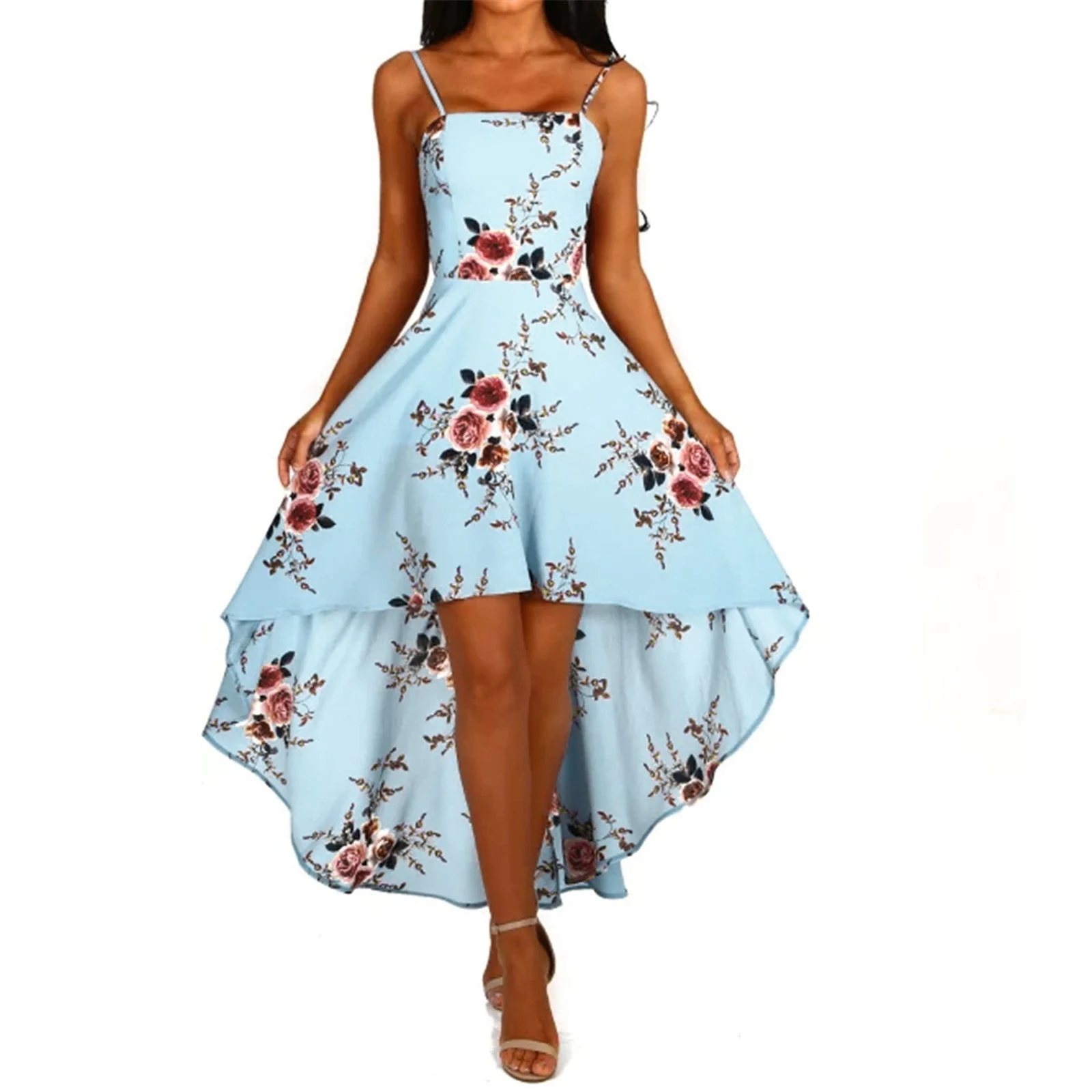 Damen Asymmetrisches Blumenkleid mit Dekorativen Spaghettiträgern und Schwingendem Saum Heidi-Mode - Image 6