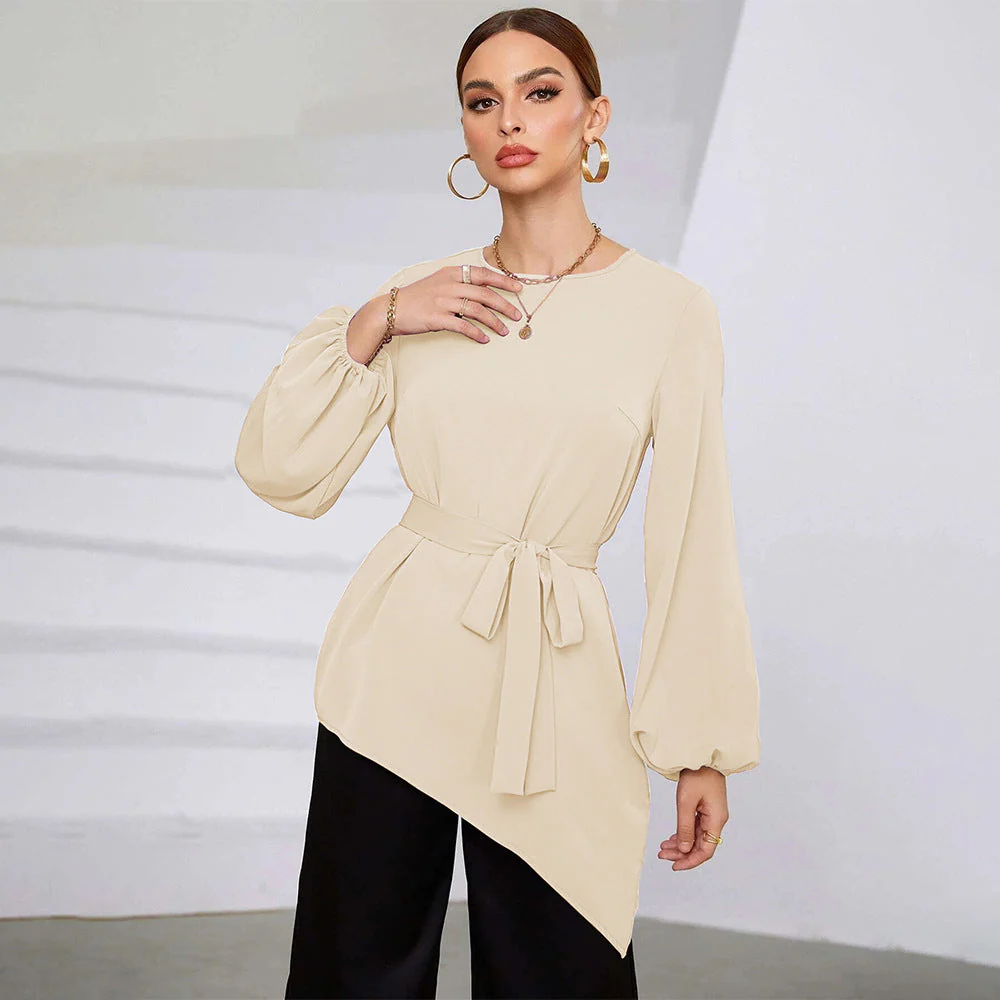Damen Asymmetrisches Blusenoberteil mit Eleganten Rüschen und Modischem Taillengürtel Heidi-Mode