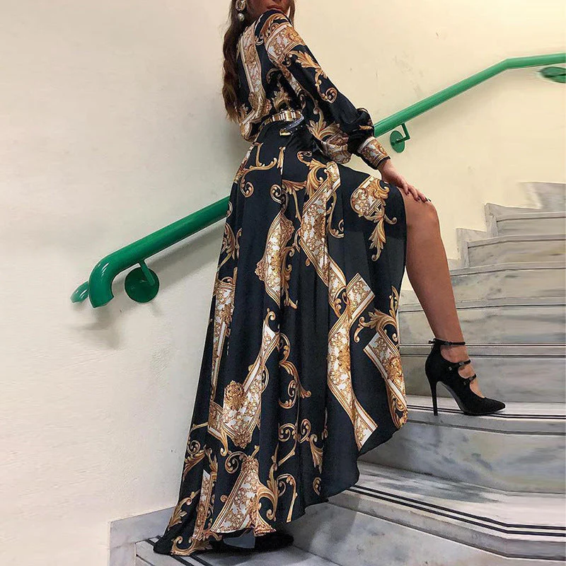 Damen Asymmetrisches Maxikleid mit Elegantem Barockmuster und Tiefem Schlitz Heidi-Mode - Image 6