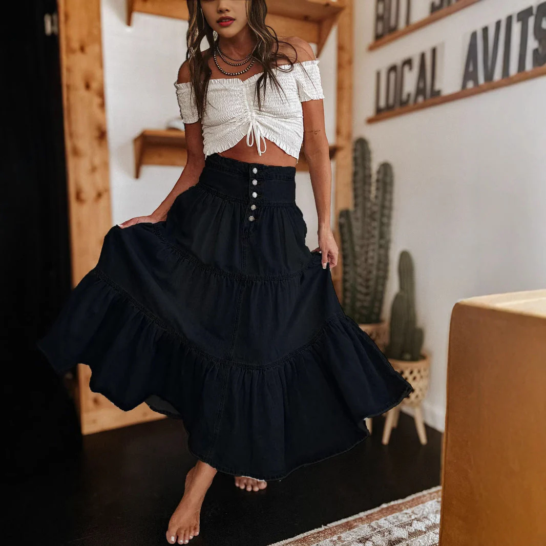 Damen Baumwollrock mit Voluminösem Stufen-Design und Modischem Knopfdetail Heidi-Mode