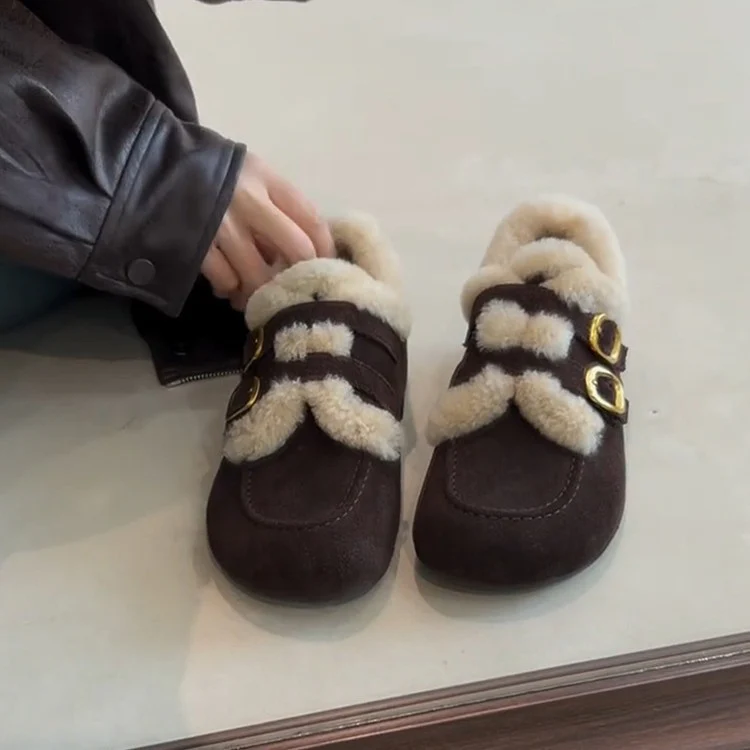 Damen Bequeme Hausschuhe mit dekorativem Kunstfell und elegantem Schnallenverschluss Heidi Mode