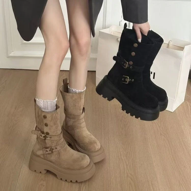 Damen Bequeme und modische Chunky Stiefeletten mit Schnalle und Profilsohle Heidi Mode