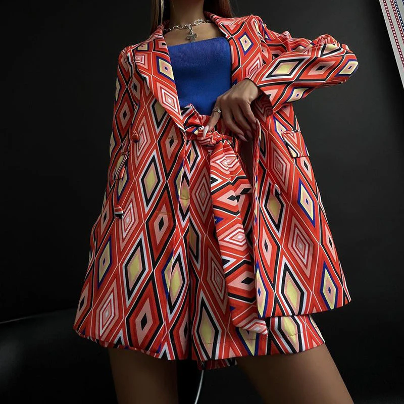 Damen Blazer und Shorts Set mit Geometrischem Muster und Taillierbarem Gürtel Heidi-Mode - Image 3