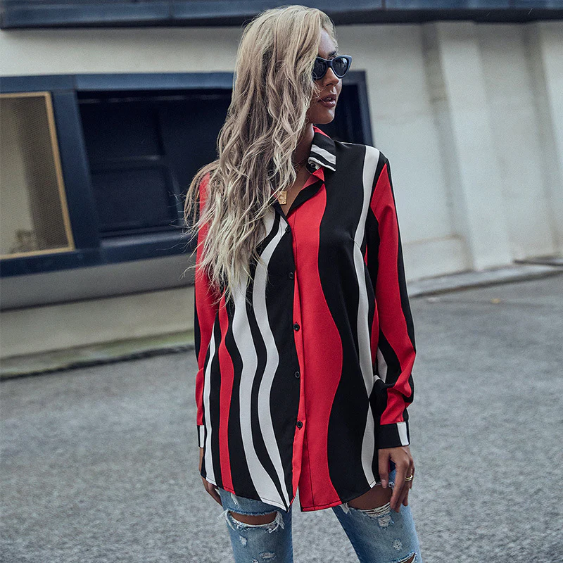 Damen Bluse im modernen Wellenmuster mit knöpfbarer Front und langen Ärmeln Heidi-Mode - Image 5