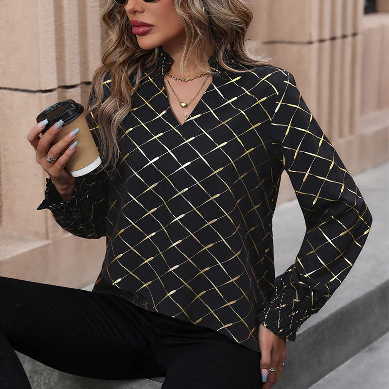 Damen Bluse mit Elegantem Rautenmuster und Puffärmel Heidi-Mode