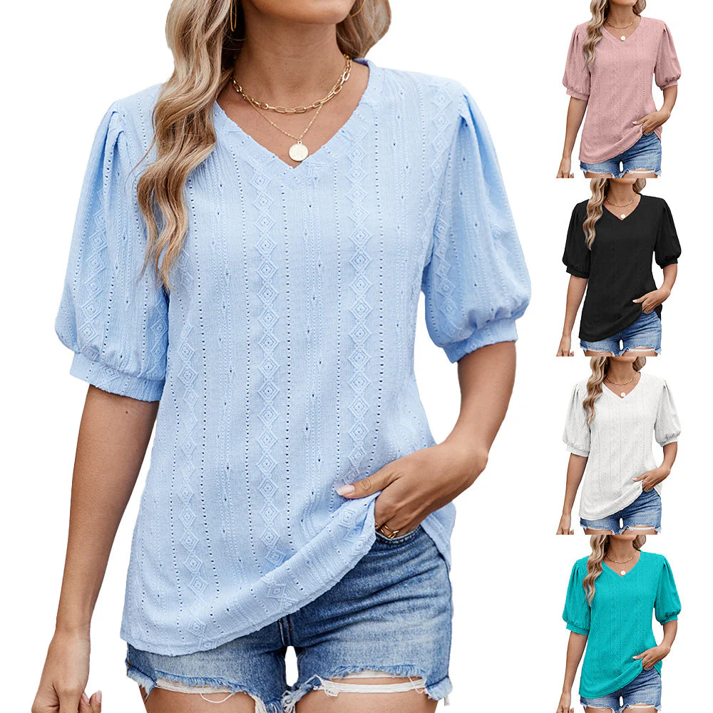 Damen Bluse mit Eleganten Puffärmeln und Feinem Lochmuster Heidi-Mode