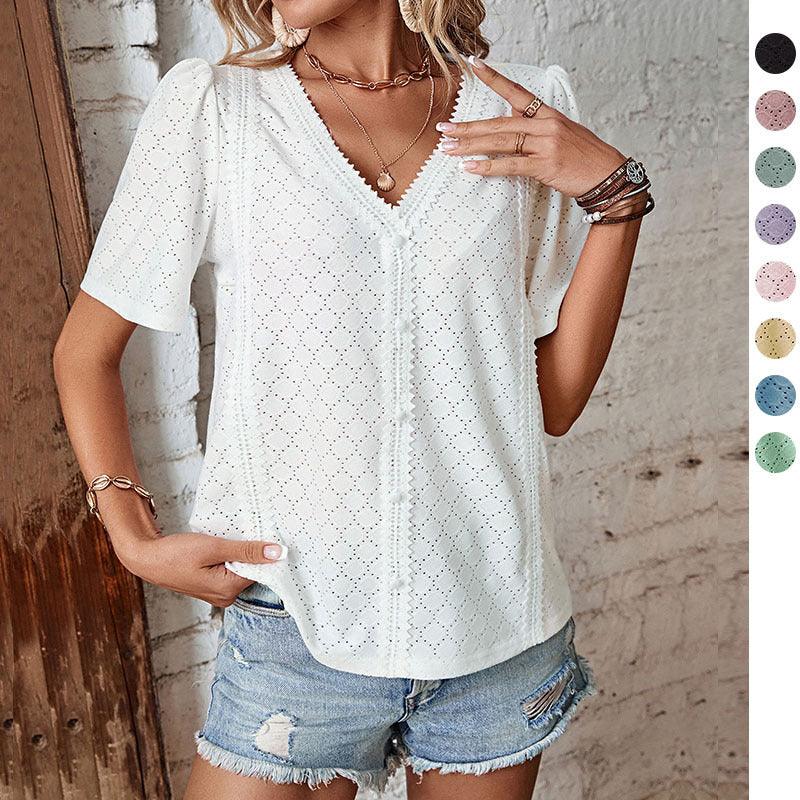 Damen Bluse mit Eleganten Puffärmeln und Feinem Lochmuster Heidi-Mode