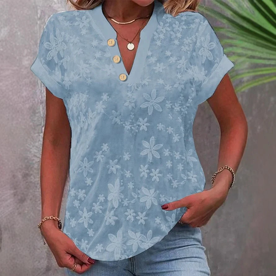 Damen Bluse mit floralem Stickmuster und klassischem V-Ausschnitt Heidi-Mode