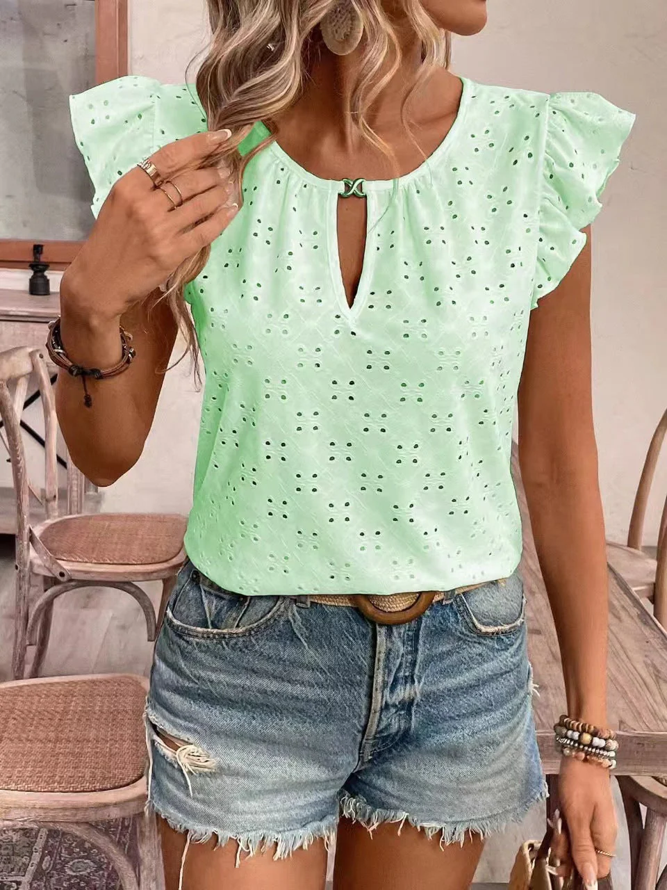 Damen Bluse mit Rüschendetails und Lochstickerei Heidi-Mode - Image 6