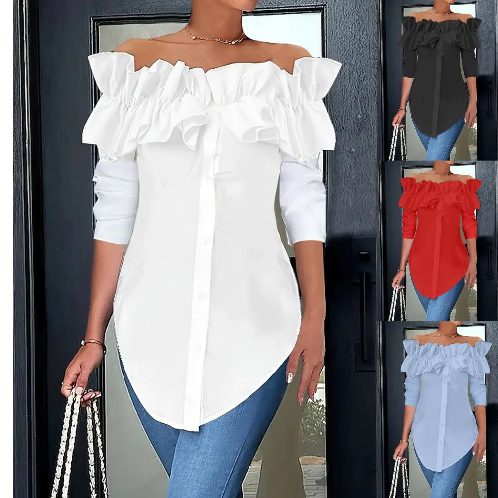 Damen Bluse mit Schulterfreiem Design und Voluminösen Rüschendetails Heidi-Mode