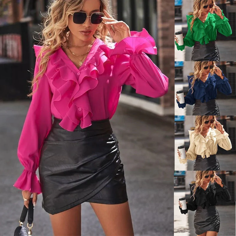 Damen Bluse mit Voluminösen Rüschendetails und Elegantem V-Ausschnitt Heidi-Mode