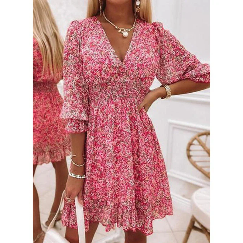 Damen Blusenkleid Im Romantischen Floral-Design mit V-Ausschnitt und Rüschenärmeln Heidi-Mode - Image 3