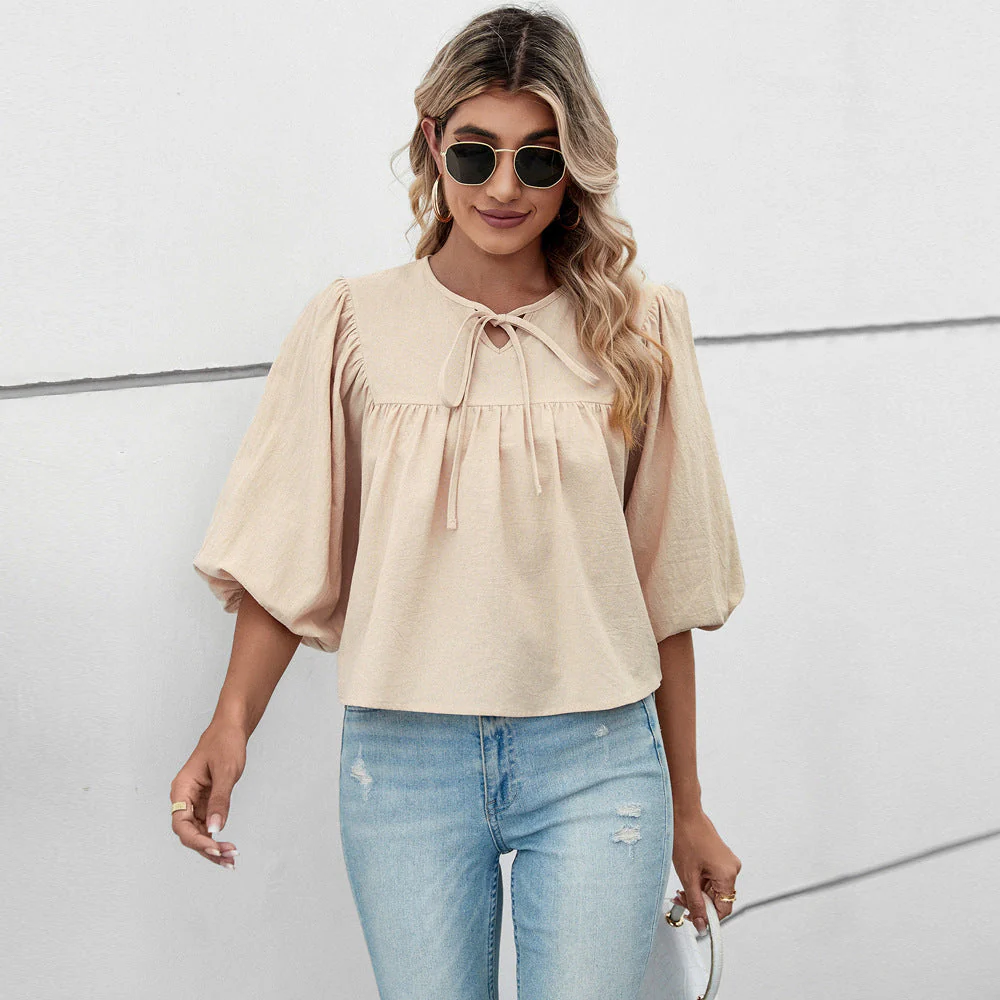 Damen Blusenshirt mit Eleganten Puffärmeln und Schickem Kordelzug Heidi-Mode