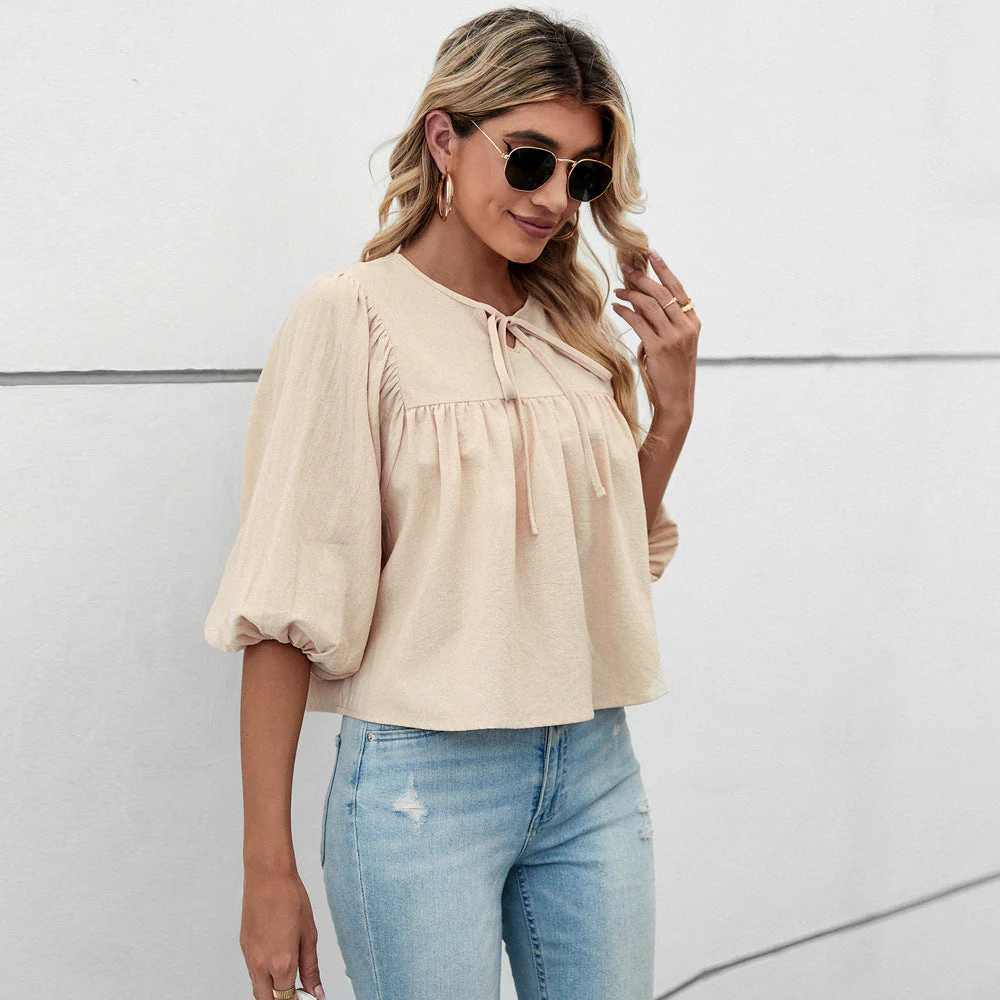 Damen Blusenshirt mit Eleganten Puffärmeln und Schickem Kordelzug Heidi-Mode - Image 4