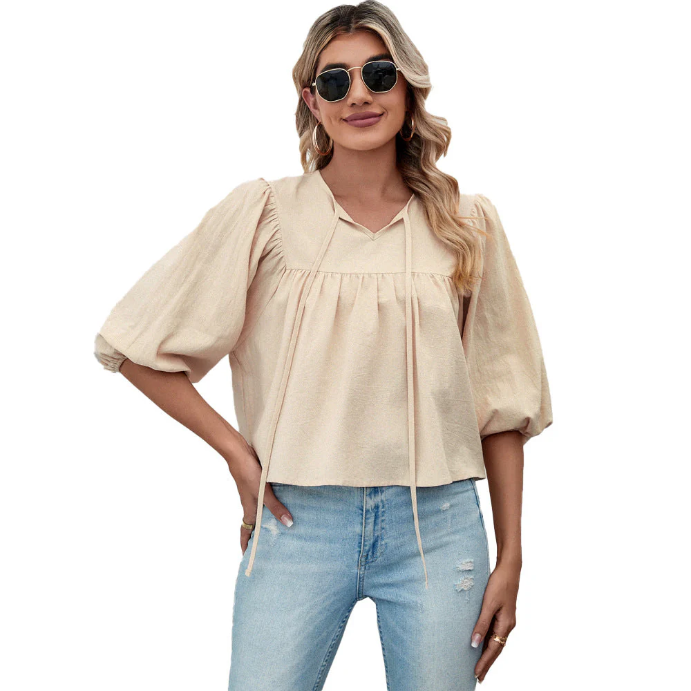 Damen Blusenshirt mit Eleganten Puffärmeln und Schickem Kordelzug Heidi-Mode - Image 5