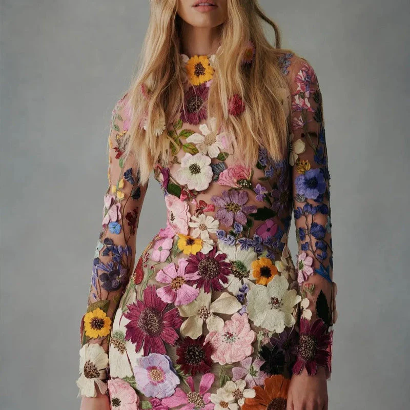 Damen Blütenbesticktes Minikleid mit Transparenten Ärmeln Heidi-Mode - Image 2