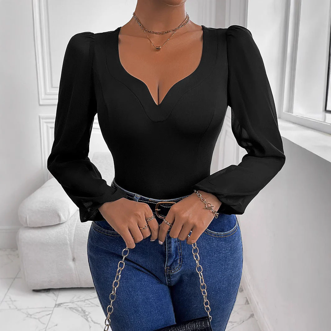 Damen Body mit Tiefem V-Ausschnitt und Transparenten Puffärmeln Heidi-Mode