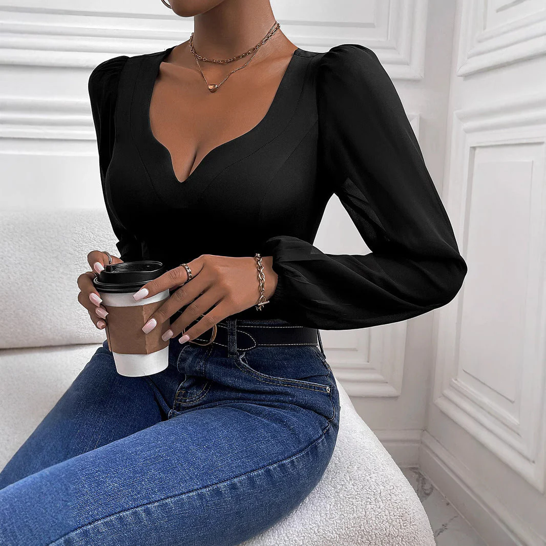 Damen Body mit Tiefem V-Ausschnitt und Transparenten Puffärmeln Heidi-Mode - Image 2