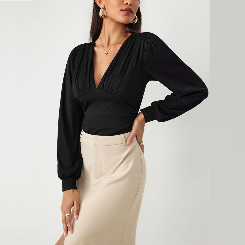 Damen Bodysuit mit Eleganten Puffärmeln und Tiefem V-Ausschnitt Heidi-Mode - Image 4