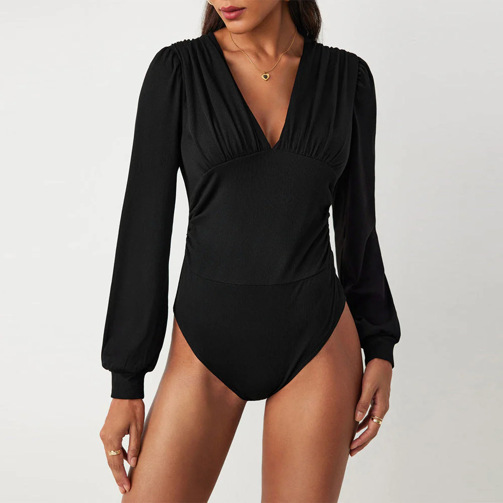 Damen Bodysuit mit Eleganten Puffärmeln und Tiefem V-Ausschnitt Heidi-Mode - Image 6