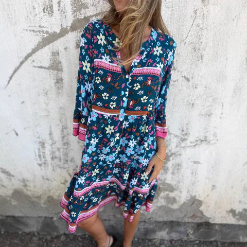 Damen Boho-Chic Kleid mit Floralen Mustern und Knopfleiste Heidi-Mode