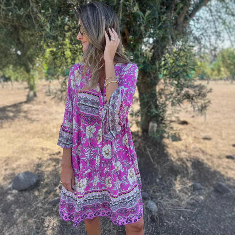 Damen Boho-Chic Kleid mit Floralen Mustern und Knopfleiste Heidi-Mode - Image 3