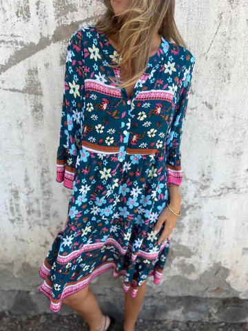 Damen Boho-Chic Kleid mit Floralen Mustern und Knopfleiste Heidi-Mode - Image 5