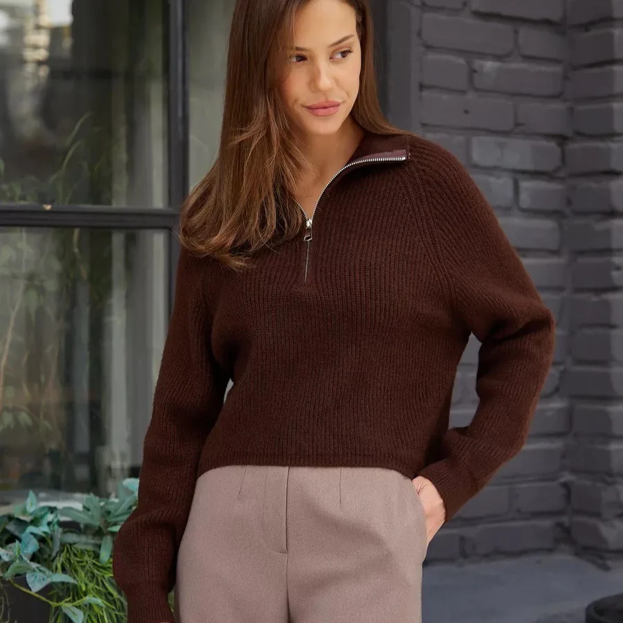 Damen Cozy Pullover mit Kragen und Reißverschluss Heidi-Mode - Image 3