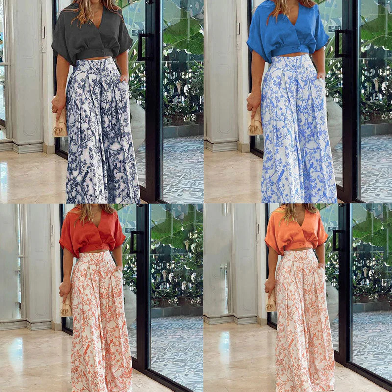 Damen Crop-Top Kombi-Anzug mit Weitem Rock und Floralem Muster Heidi-Mode - Image 4