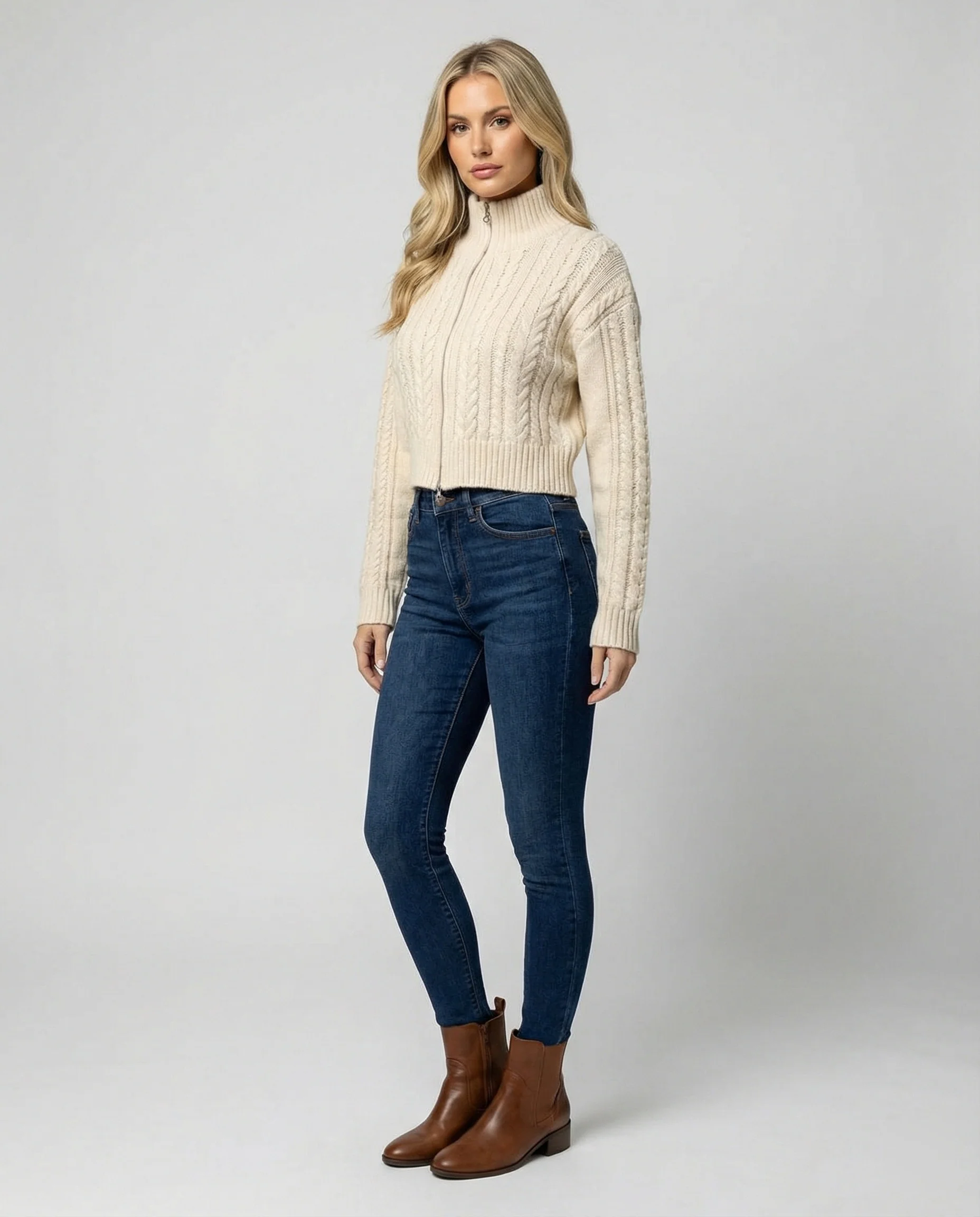 Damen Cropped-Strickblouson in Kabelstruktur mit Stehkragen und Zweiwege-Reißverschluss Heidi-Mode - Image 2