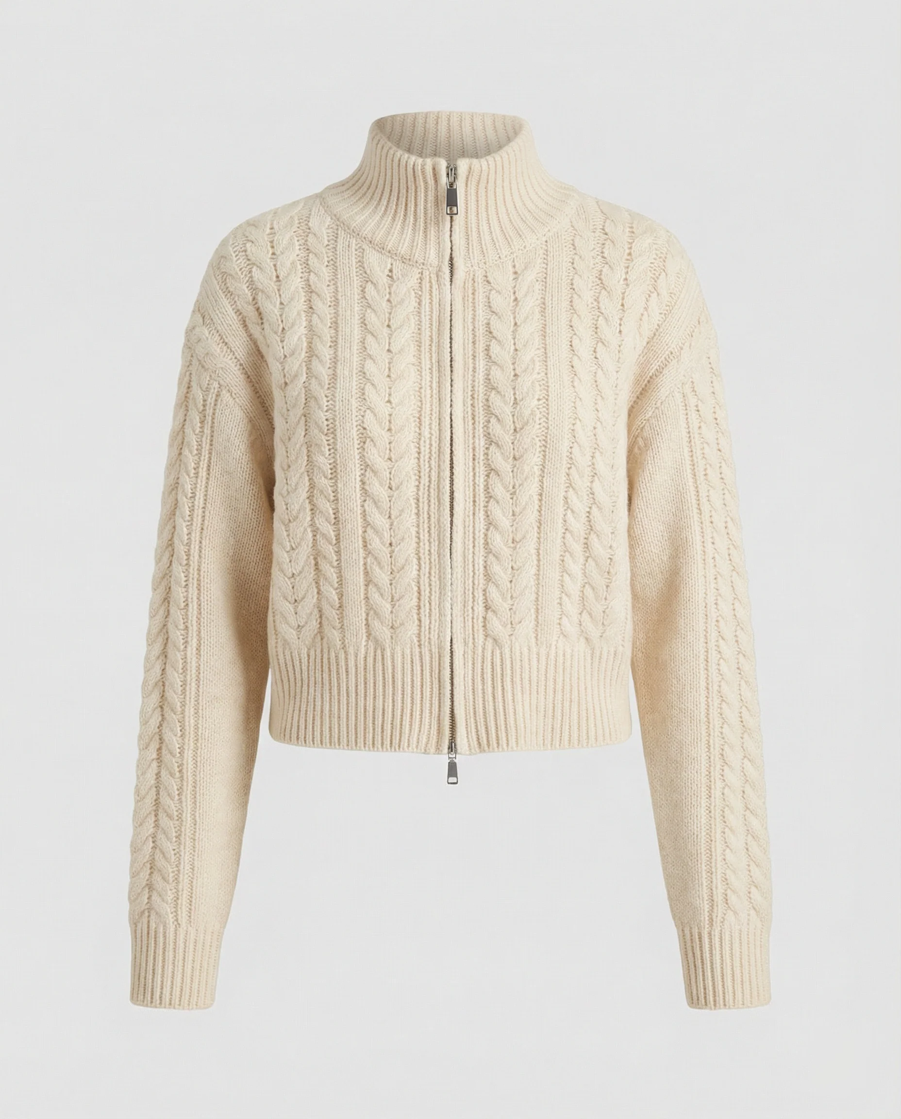 Damen Cropped-Strickblouson in Kabelstruktur mit Stehkragen und Zweiwege-Reißverschluss Heidi-Mode - Image 5