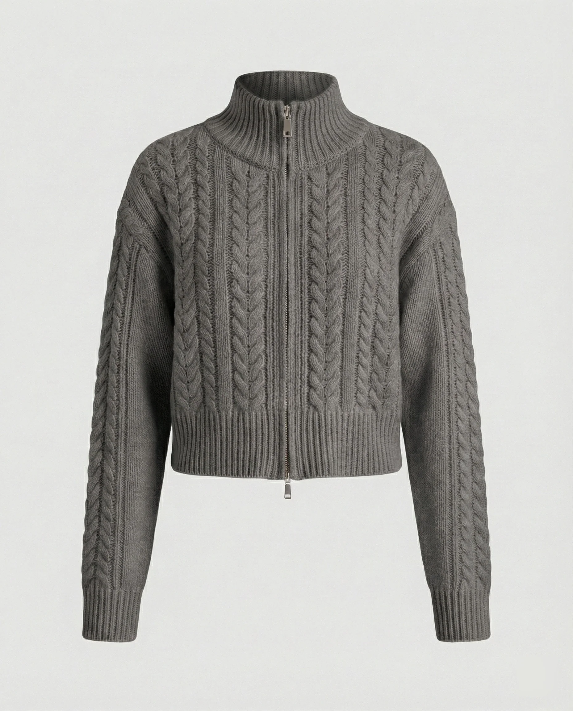 Damen Cropped-Strickblouson in Kabelstruktur mit Stehkragen und Zweiwege-Reißverschluss Heidi-Mode - Image 7