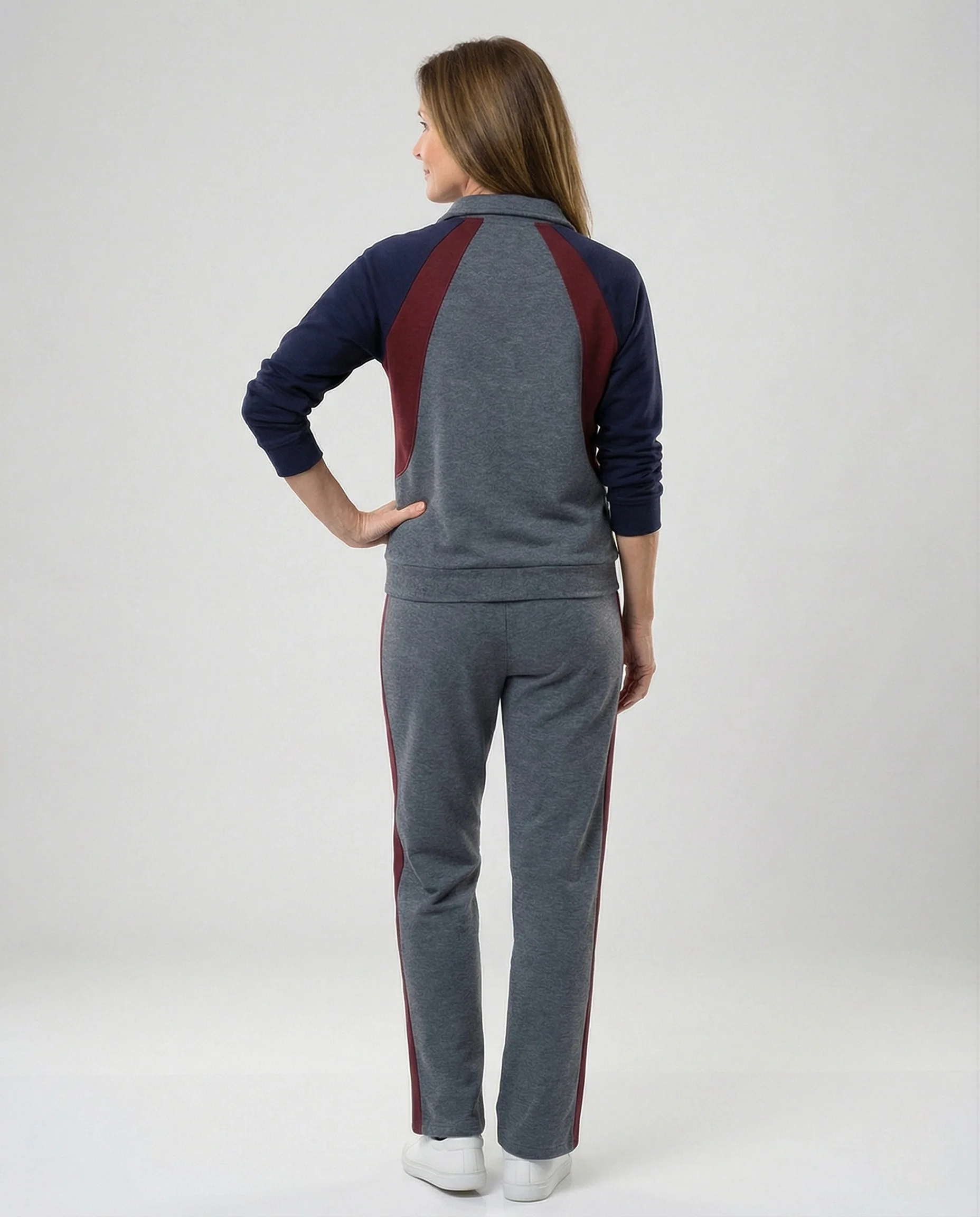 Zopfstrick Cardigan Weiß lässiges zweiteiliges Freizeitset mit Reißverschlusskragen seitlichen Kontraststreifen weitem Bein Heidi Mode - Image 3