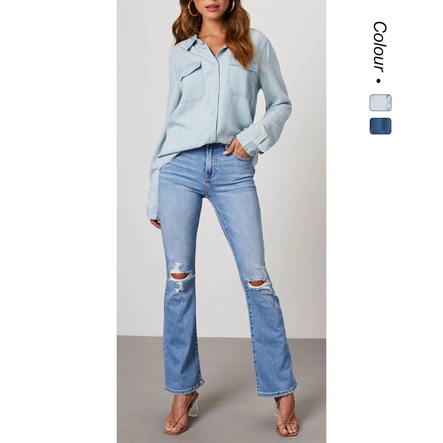 Damen Denim-Hemd mit Umschlagbaren Ärmeln und Zwei Brusttaschen Heidi-Mode