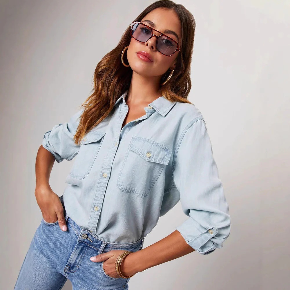 Damen Denim-Hemd mit Umschlagbaren Ärmeln und Zwei Brusttaschen Heidi-Mode - Image 3