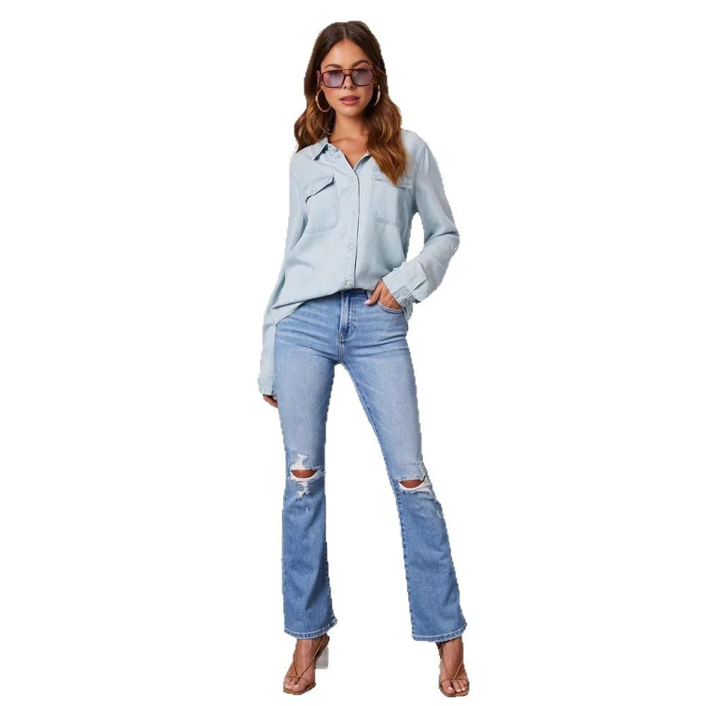 Damen Denim-Hemd mit Umschlagbaren Ärmeln und Zwei Brusttaschen Heidi-Mode - Image 5