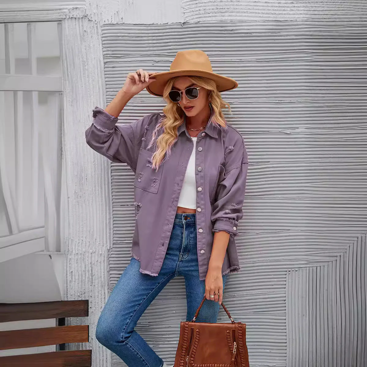 Damen Denim-Hemdjacke Im Lässigen Oversized-Schnitt mit Fransigen Details Heidi-Mode - Image 3