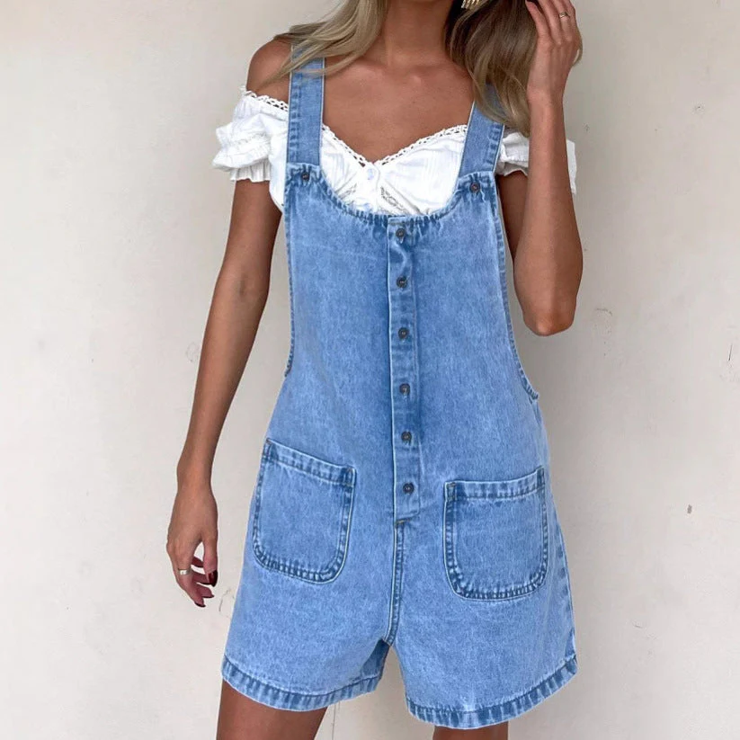 Damen Denim-Latzhose mit Praktischen Taschen und Knöpfbarem Design Heidi-Mode