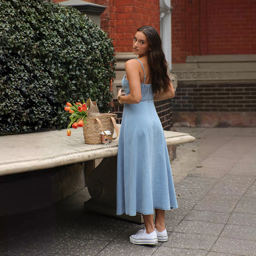 Damen Denim-Maxikleid mit Schickem Trägerdesign und Fließendem Schnitt Heidi-Mode - Image 4