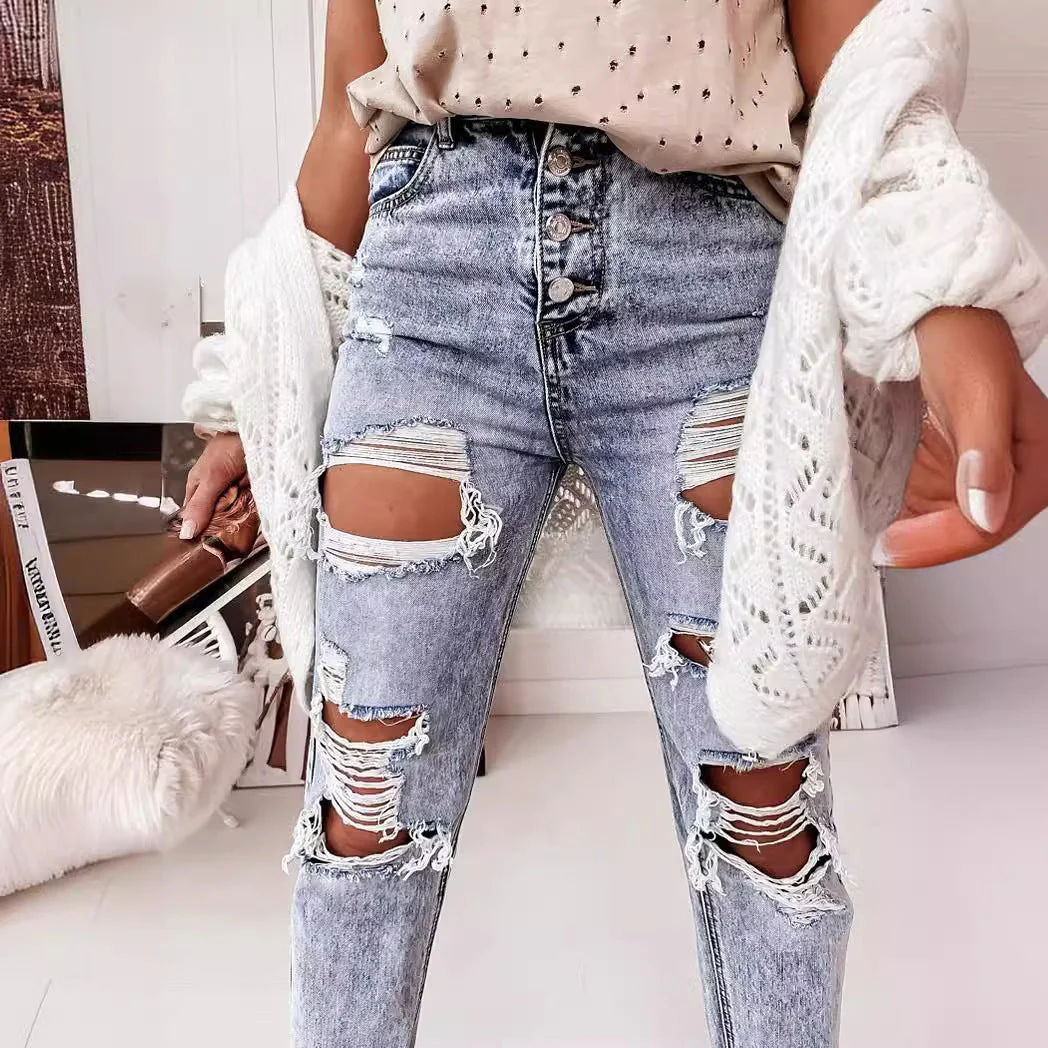 Damen Destroyed Boyfriend Jeans Im Lässigen Vintage-Stil mit Hohem Bund Heidi-Mode - Image 3
