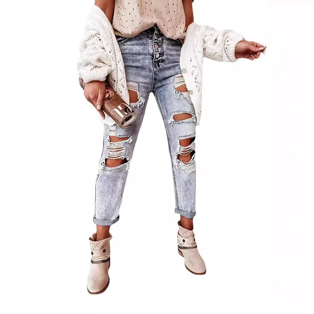 Damen Destroyed Boyfriend Jeans Im Lässigen Vintage-Stil mit Hohem Bund Heidi-Mode - Image 5